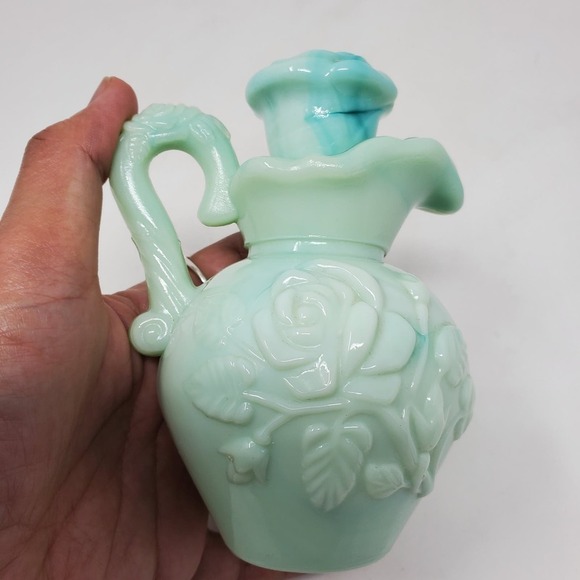 Vintage Avon Bath Oil Milk Glass Decanter Stopper Jadeite Rose Floral Bottle - Picture 4 of 13